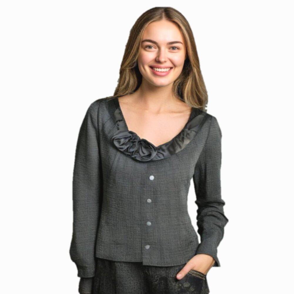 Elie Tahari Sabrina Rose Embellished Black Texture Suit Jacket, Size Large - Picture 4 of 14